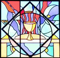 stained glass window (© Suncreek UMC) depicting bread and chalice